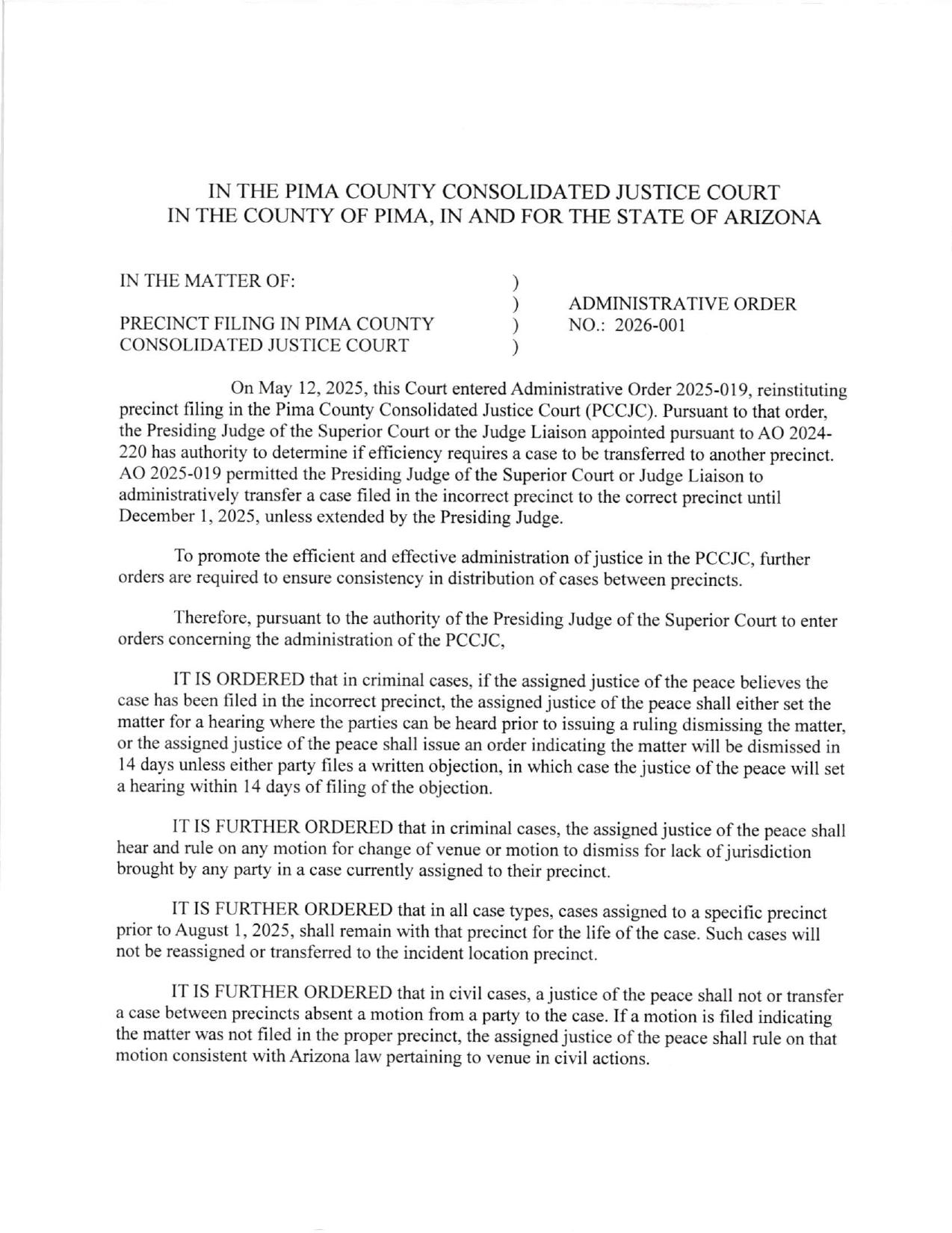 First page of PCCJC Administrative Order 2026-001